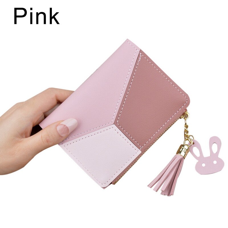 Ladies Wallet Short Zipper Student Tassel Korean Small Patchwork Coin Purse Soft Leather Thin Wallet Women: color 2