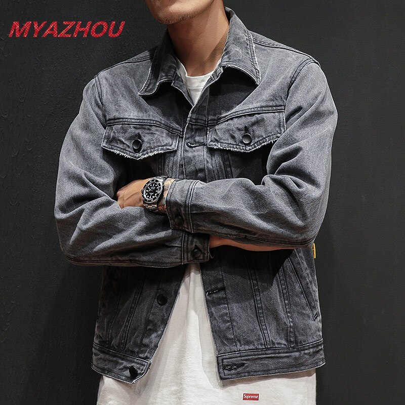 casual men's denim jacket classic retro gray denim jacket punk street hip hop jogging men's short denim jacket