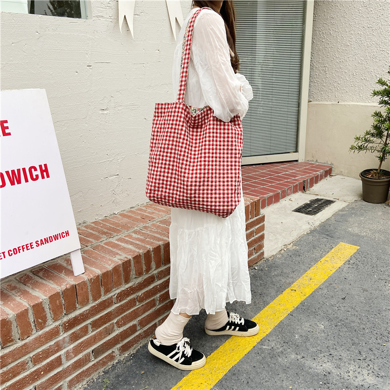 lässig Plaid Blume Frauen Einkaufstasche Große Kapazität Damen Täglichen Tote Handtaschen Baumwolle Tuch doppelseitige Mädchen Schulter Taschen