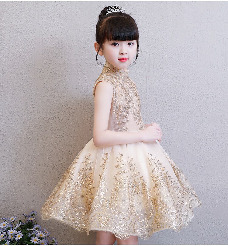 Golden Tulle Flower Girl Dress Party Kids Pageant Gown Princess Wedding Dress Sleeveless First Communion Dresses 1-14T