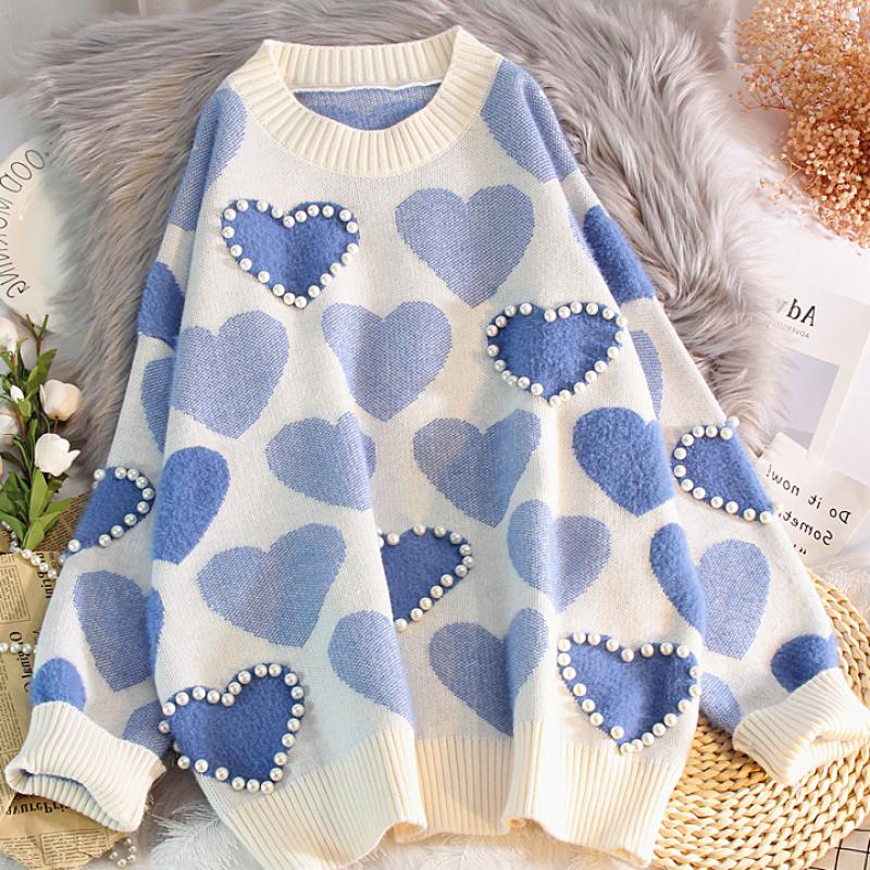 Pull en Jacquard épais tricoté pour femme, ample et rose avec perles, style coréen, collection automne et hiver