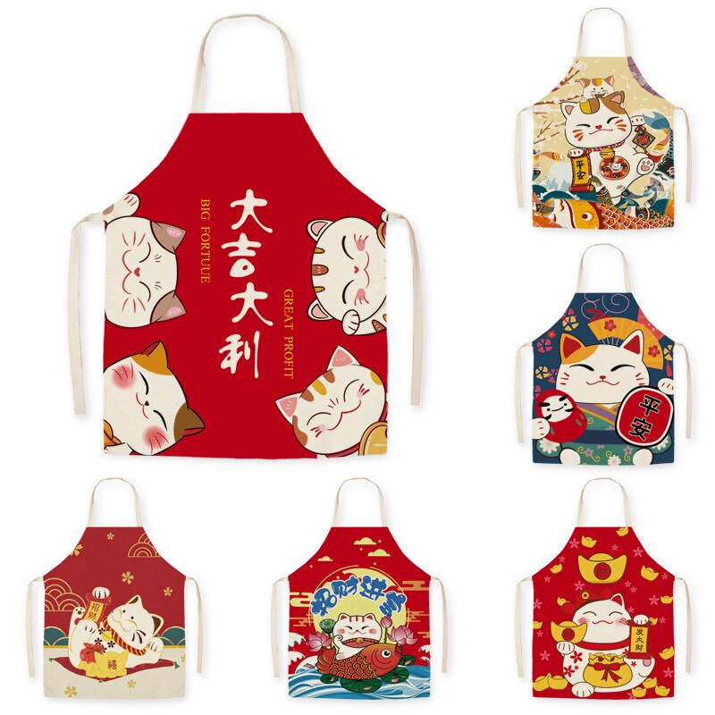 Japanese Karikatur Glücklich Katze Dekoration ärmellos Schürze Baumwolle Leinen- Küche Schürzen Frauen Heimat Kochen Backen Taille Lätzchen Schürze