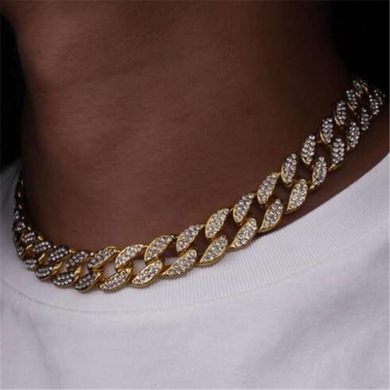 Hip Hop Miami Curb Cuban Chain Necklace 15MM Gold Iced Out Chains Paved Rhinestones CZ Bling Rapper Necklaces Men Jewelry