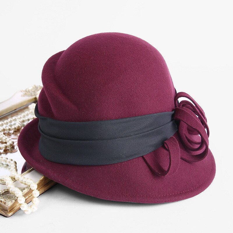 Beckyruiwu Lady Banquet Grace Special Shade Pure Wool Felt Hats Women Party Formal Asymmetric Fedora Hat: wine red