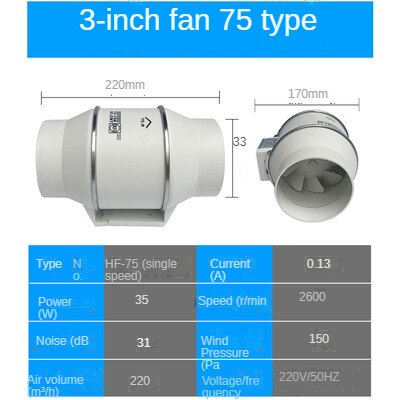 4 inch 220V Exhaust Fan Home Silent Inline Pipe Duct Fan Bathroom Extractor Ventilation Kitchen Toilet Wall Air Clean Ventilator: 3inch 75mm