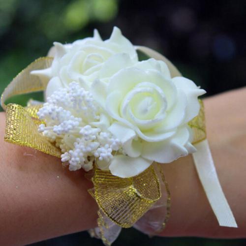 Mousse Rose fleurs mariée demoiselle d'honneur poignet Corsage mariage ruban Bracelet: WHITE