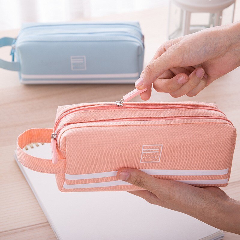 Large Capacity Pencil Cases Bag Zipper Solid Color Canvas School Student School Supplies Stationery Storage Bag 05176
