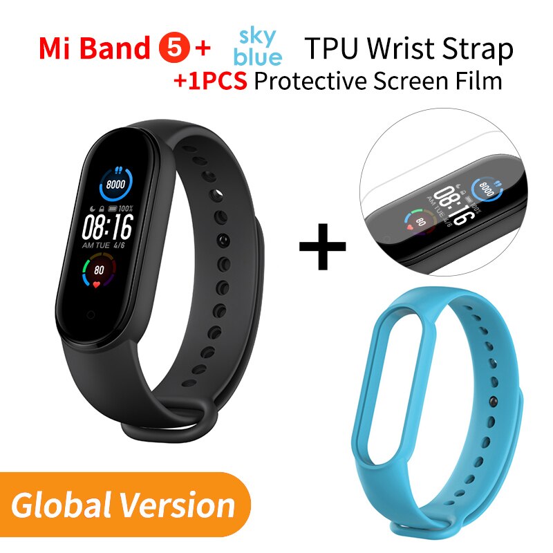 Xiaomi banda 5 versão global pulseira inteligente tela de toque miband 5 pulseira esporte rastreador de fitness monitor de freqüência cardíaca: EN Add Skyblue Strap