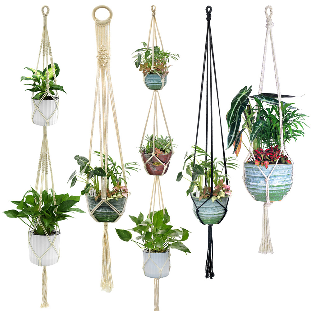 Colgador de macramé hecho a mano para plantas, cesta de macramé de algodón anudada para macetas, soporte para colgar con borlas, cuerdas para decoración de pared y jardín