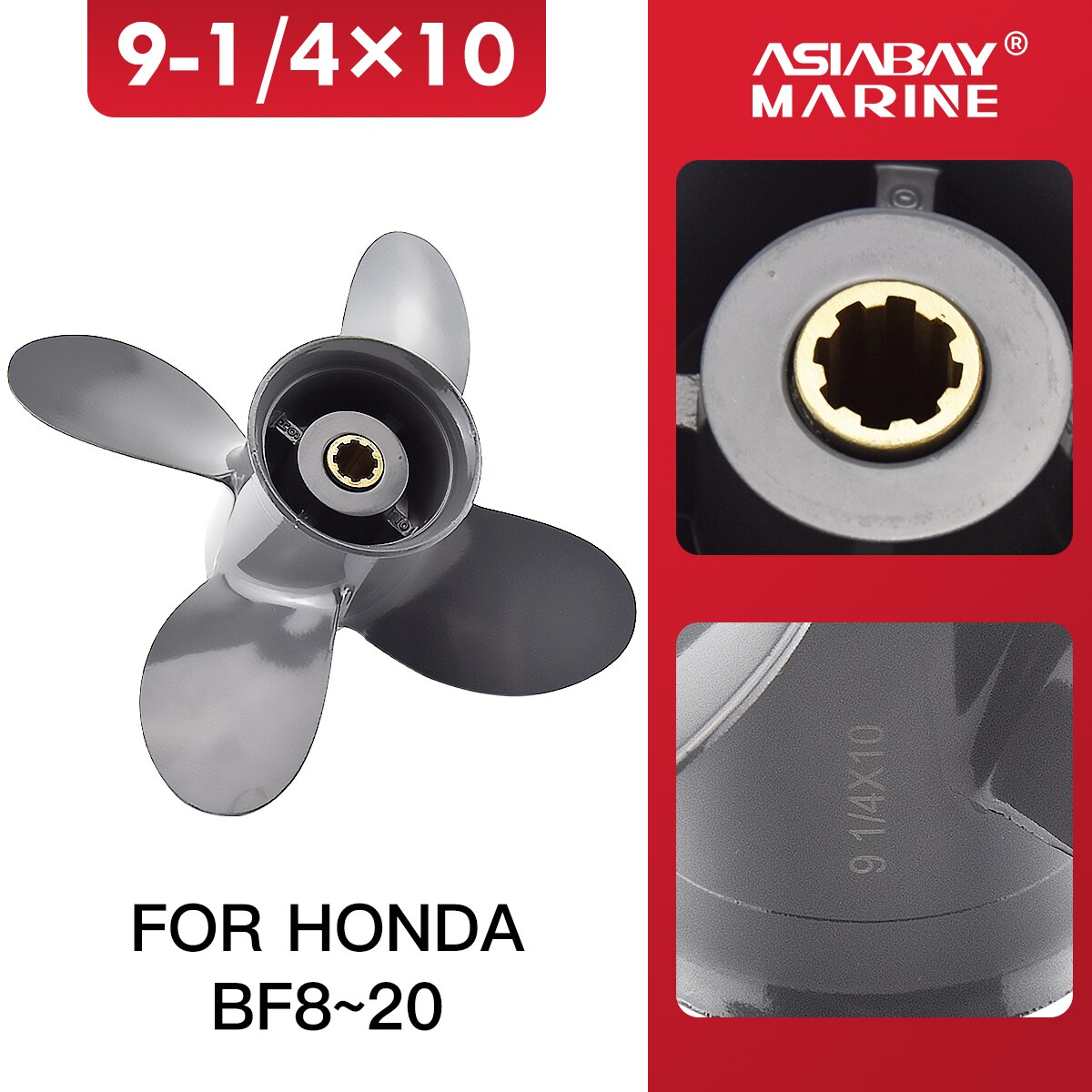 Påhengsmotor propell for honda 8hp 9.9hp 10hp 15hp 20hp 9 1/4*10 båtmotor 4 blad aluminiumsskrue 8 spline marine motordel