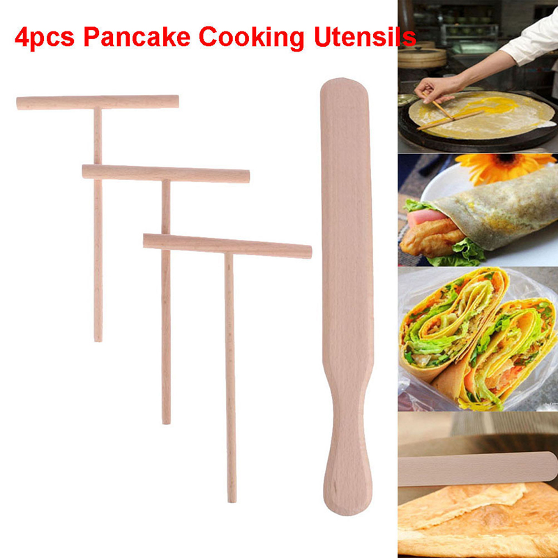 4pcs Pancake Cooking Utensils Wooden Crepe Spreader and Spatula Tortilla Rake Batter Spreading Tools