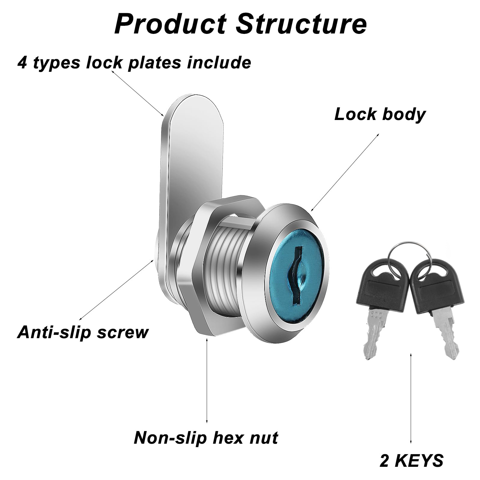 16/20/25/30mm Cam Lock Set Door Cabinet Mailbox Drawer Cupboard Locker Etc,It Comes with 2 Keys and 4 Different Lock Plates