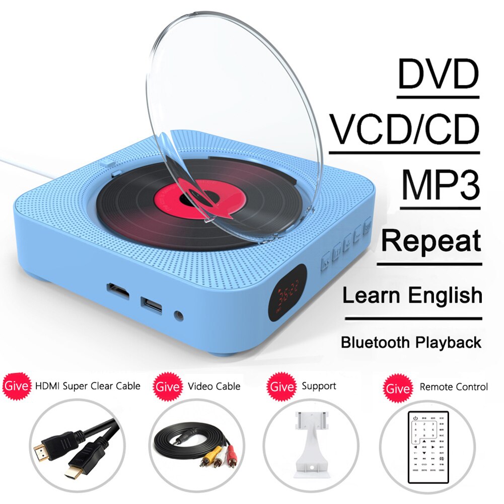 Bluetooth Wall-mounted CD Player Stereo Audio Early Learning Speaker Wireless Remote Control CD/DVD Mp3 FM Radio HiFi Speaker: blue