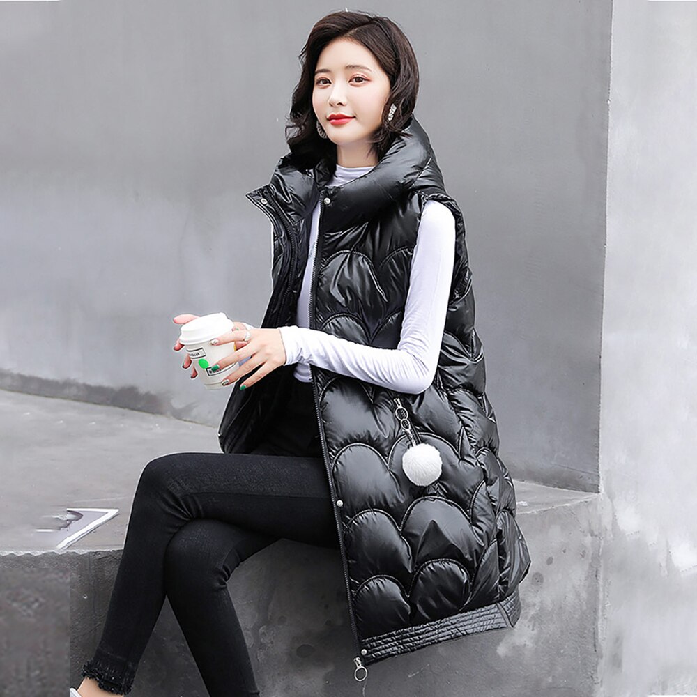 Solid Hooded Vrouwen Winter Vest Lange Stijl Dikke Vrouwelijke Mouwloos Vest Katoen Gewatteerde Vest Jasje Met Pocket Uitloper