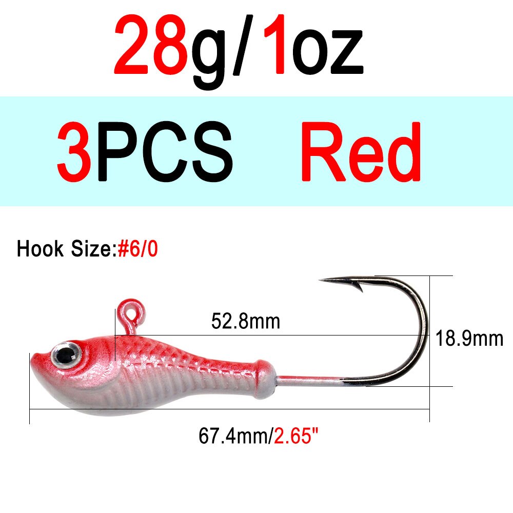 ICERIO 3 stücke 10g 14g 28g glühen Angeln Locken Metall Swimbait Jig Köpfe Haken Bucktail Jig Köpfe salzwasser Wackeln Köder Halfter Haken: 3Stck 28g rot