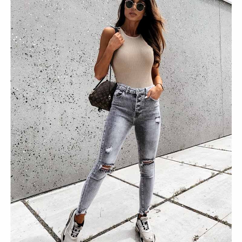 Mellemtalje skinny efterår ripped jeans kvinde vintage nødstedte denim bukser huller blyant bukser femme casual jean bukser