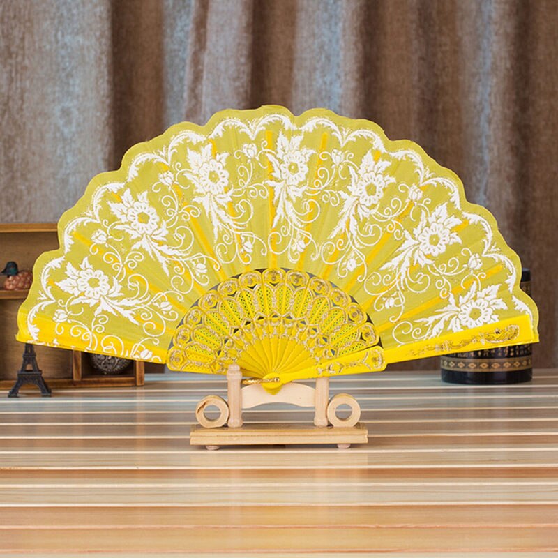 Ventilador plegable de poliéster con patrón de flores, 7 estilos, estilo chino tradicional de encaje con bronce, abanico plegable de tela ventilador plegable, decoración del hogar 1 unidad: 1