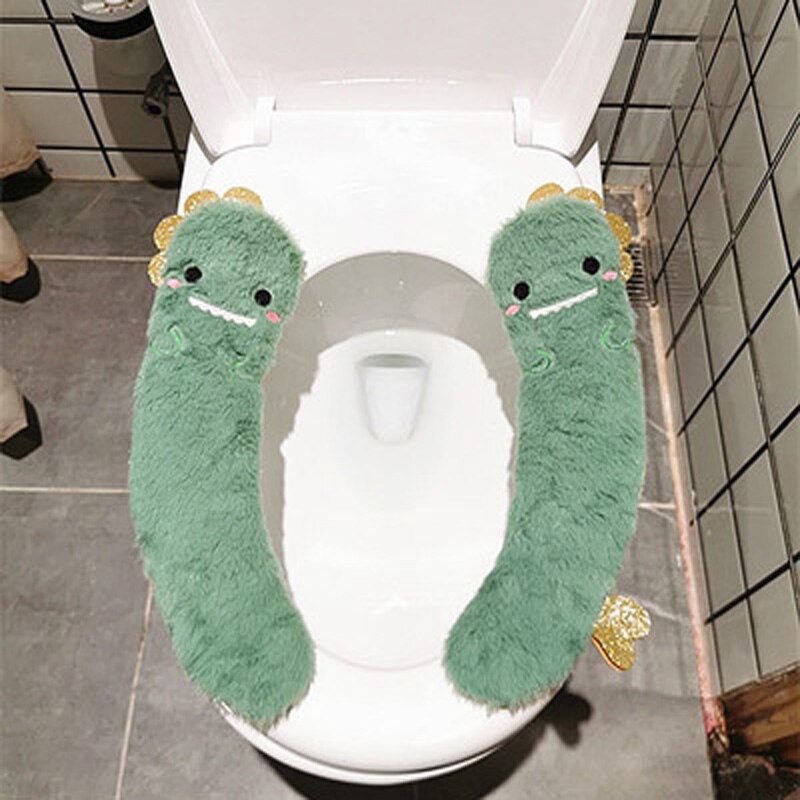 Four Seasons Toilet Seat U Shape With Handle English Style Home Cute Plush Fruit Animal: Green Dinosaur