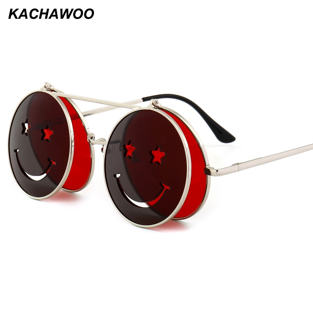 Kachawoo flip up round sunglasses men vintage red pink yellow round sun glasses for women accessories summer beach