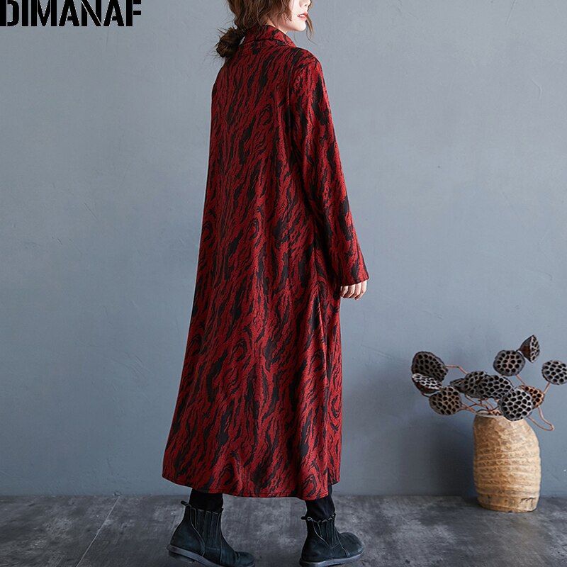 DIMANAF-vestido estampado de talla grande para mujer, vestido vintage de cuello alto, de invierno, holgado, grueso, de manga larga, Indie Folk