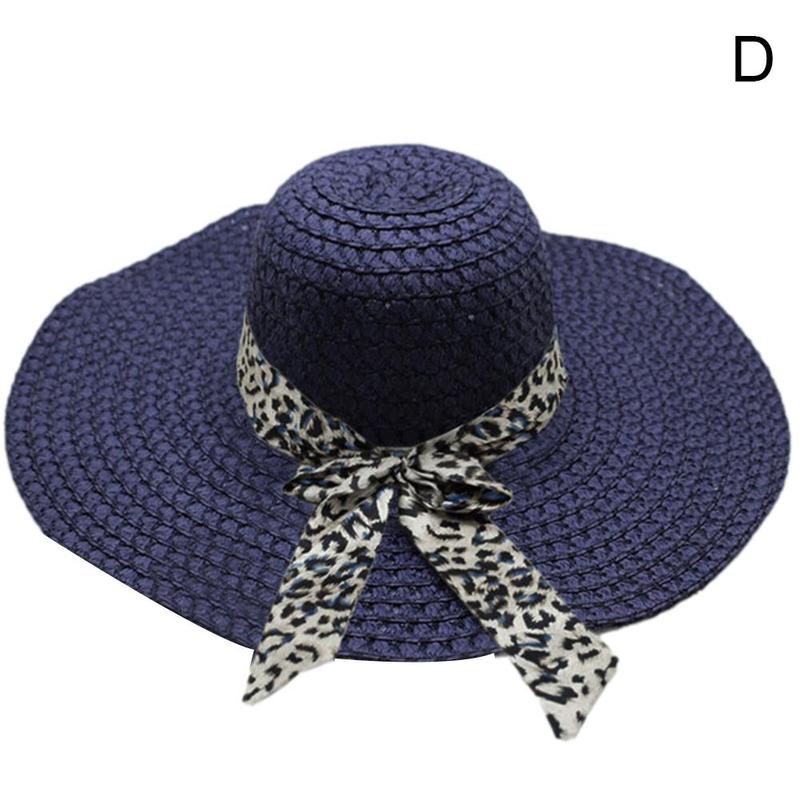 Chapeaux de Protection solaire pour femmes, couvre-chef de plage en paille fait à la main, style Boho décontracté, nœud papillon léopard, à large bord, été,: navy