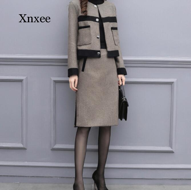 Trajes de lana Vintage para mujer, chándales elegantes de Corea de color marrón, chaqueta, abrigo, falda, conjunto de dos piezas para mujer: L