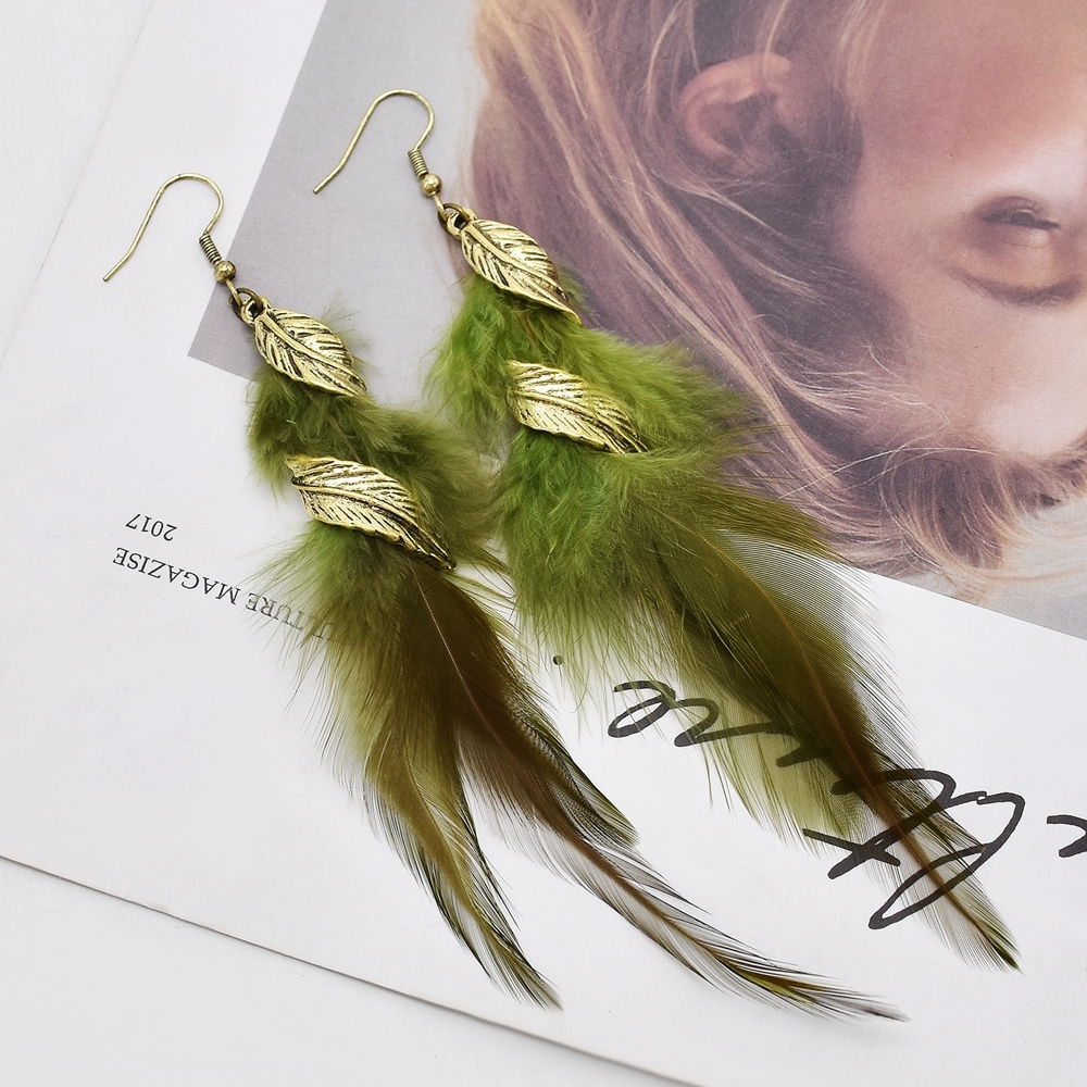 Pendientes de plumas largas bohemias de 6 colores, pendientes colgantes de plumas de hoja Retro elegantes a la para mujer, accesorios de vacaciones: Verde