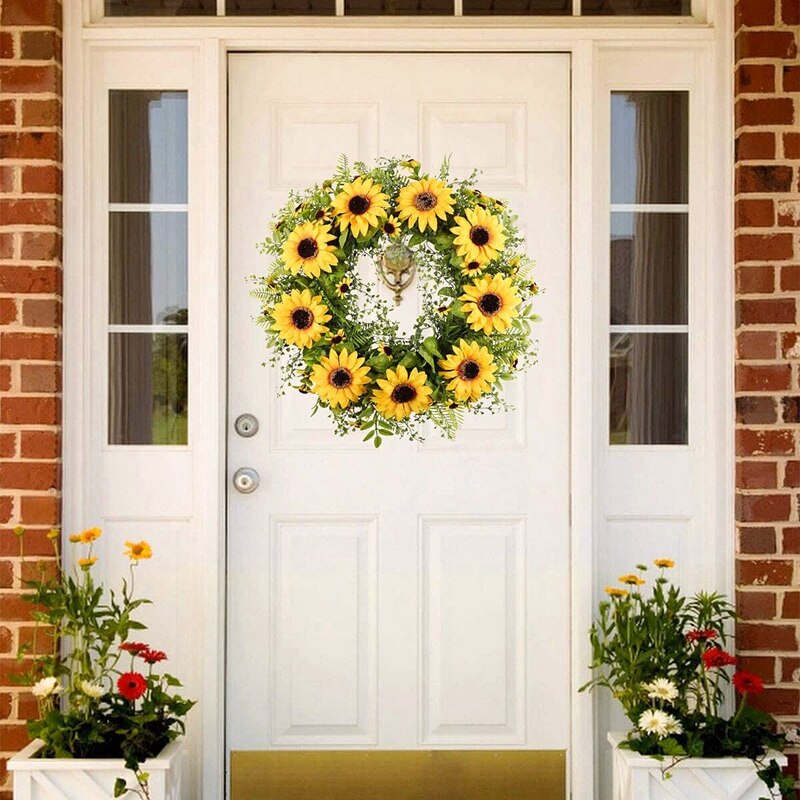 Artificial Sunflower Wreath Green Leaves and Sunflowers Home Party Window Wall Decor and Wedding Decorative