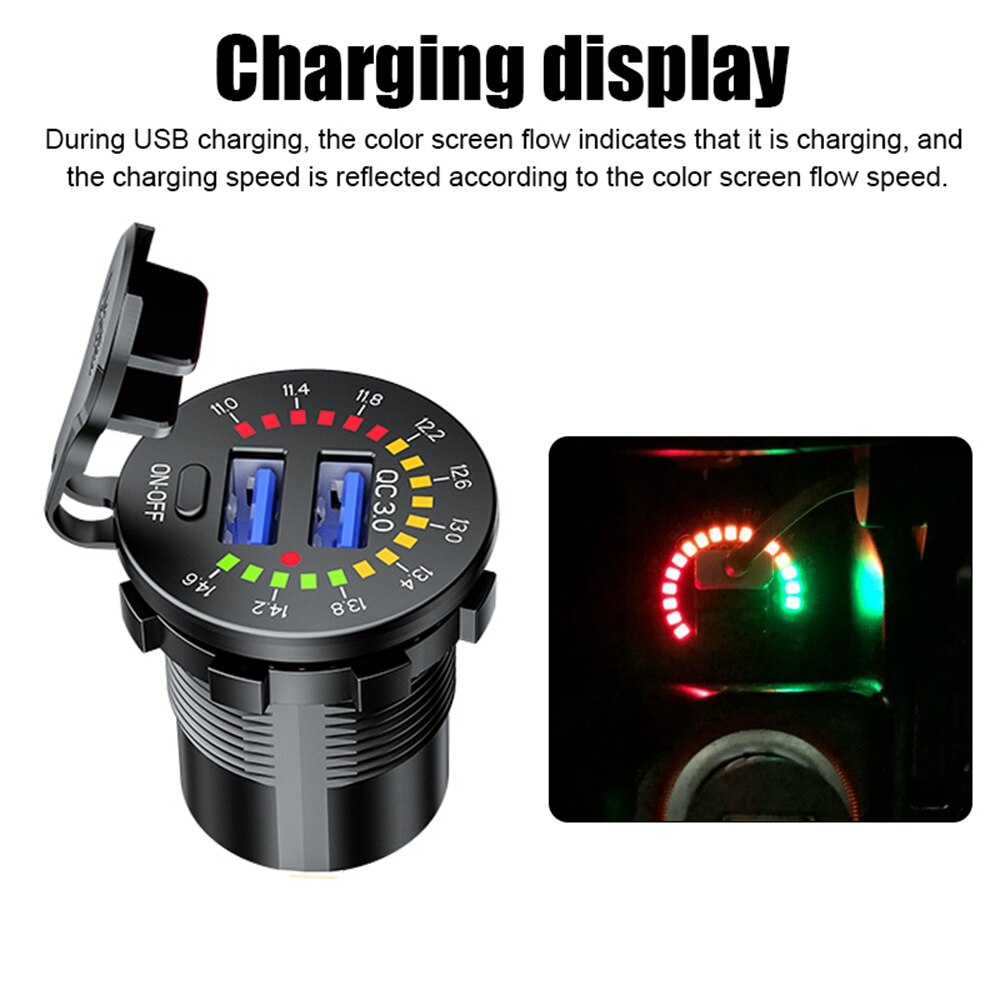 36W Qc 3.0 Usb Charger Snellader Motorfiets Dual Usb Charger Socket Led Flikkeren Met Schakelaar Voor Auto track Dvr Gps