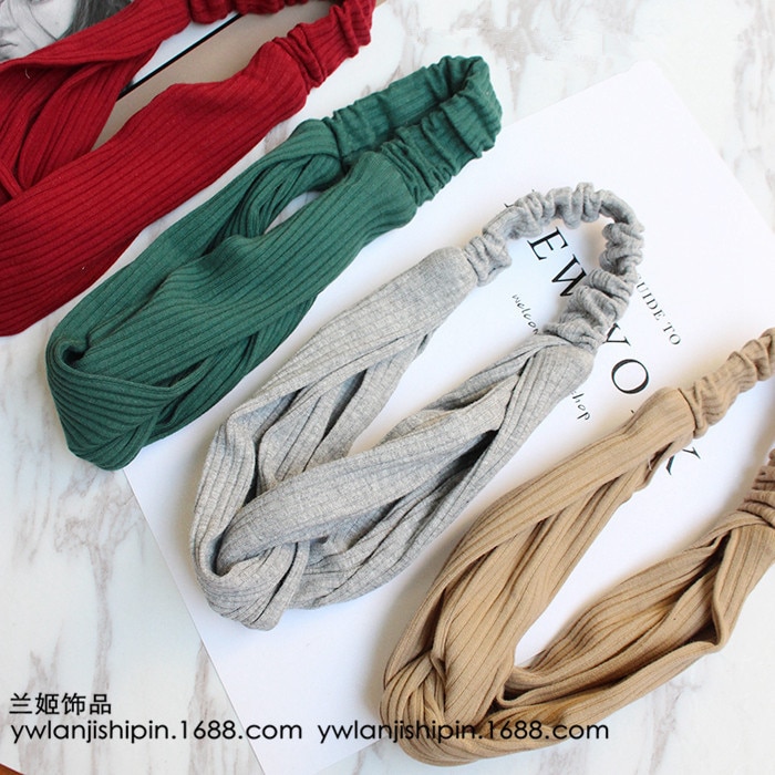 South Korea Knot Knit Pure Cotton Cross Autumn And Winter Hair Band Style Collocation Wide Elastic Headband Head Accessories