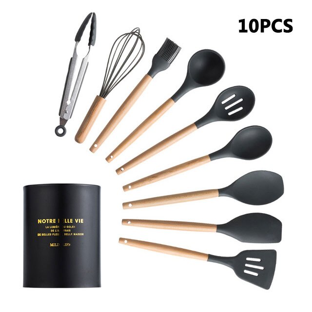Batterie de cuisine en silicone avec poignée en bois Ensemble de cuisine Ensemble de batterie de cuisine Batterie de cuisine antiadhésive Accessoires de cuisine avec boîte de rangement en acier inoxydable: BLACK-10PCS