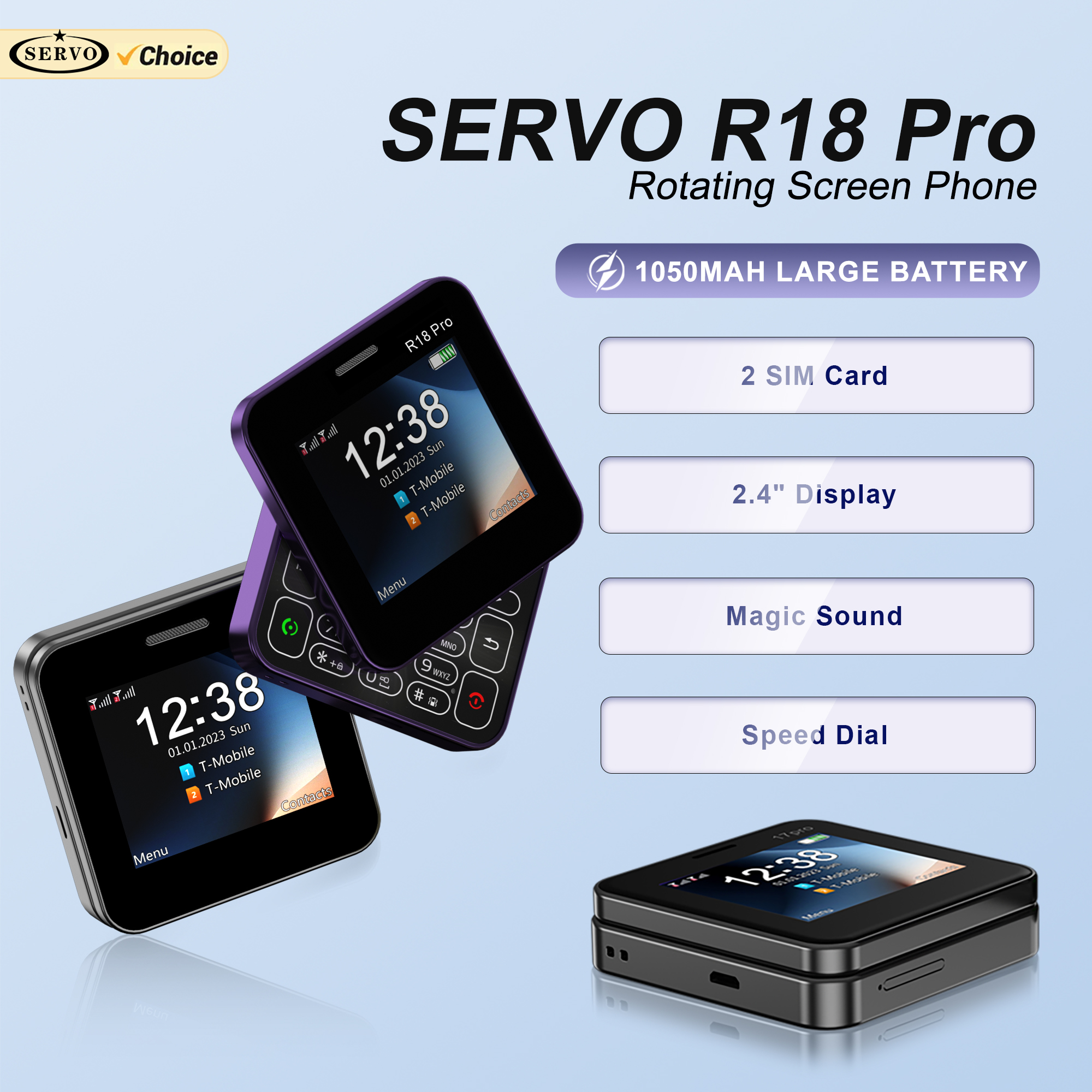 Servo r18 pro tela rotativa do telefone móvel 2g gsm magia voz velocidade dial lanterna lista negra 2 sim espera telefones deslizantes laterais