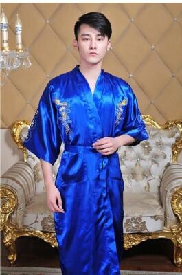 Azjatyckich mężczyzn satyna szata rękojeść wanna suknia chińnarty męska satyna jedwabny szlafrok smok rękojeść japonia kimono wanna suknia rozmiar M L XL XXL: Bao niebieski / L