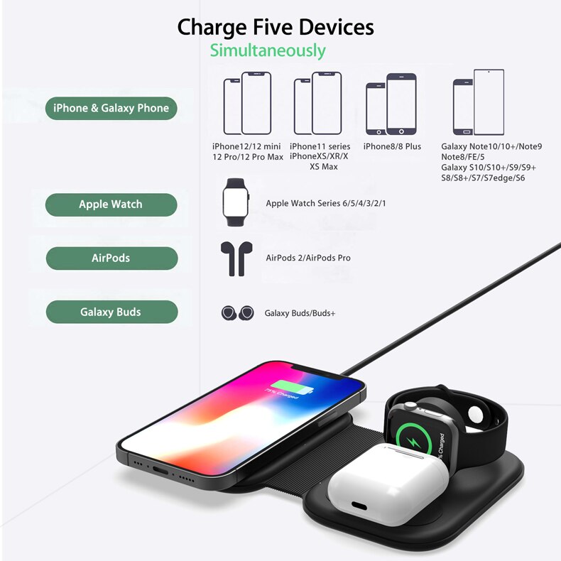 Cargador inalámbrico magnético plegable 3 en 1, cargador rápido Qi de 30W para iPhone 13, 11, 12, X Max, Apple Watch 7, 6, AirPods