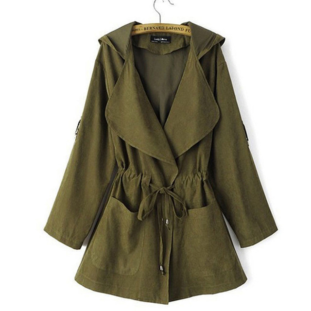 Herfst dames casual capuchon windjack jas omslagkraag overjas bovenkleding jas effen kleur trenchcoat riem slanke tops jas: Groente / Xl
