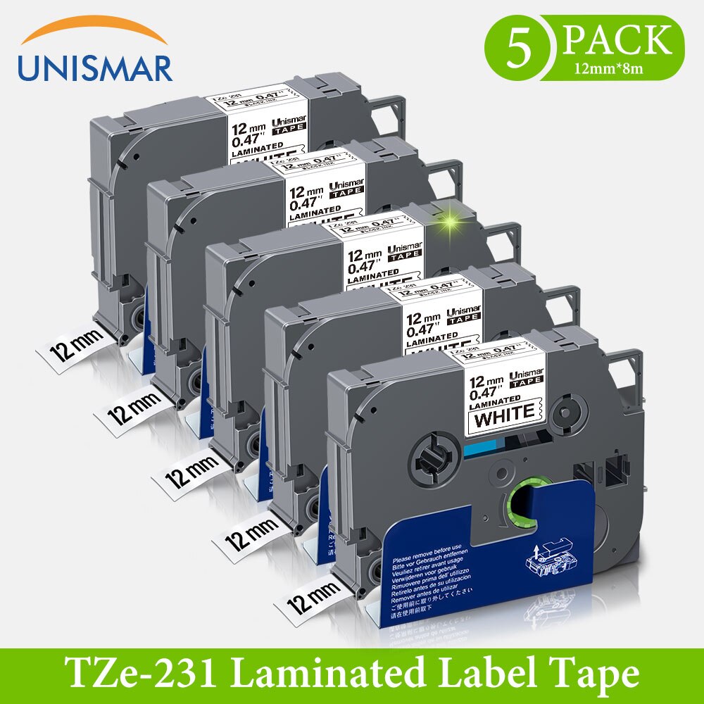 Unismar 6PCS for TZe131 TZe-231 TZe-431 TZe-531 TZe-631 TZe-731 Laminated Labeling Tape for Brother P-Touch PTD210 PTH100 PTD600: 5PK Black on White