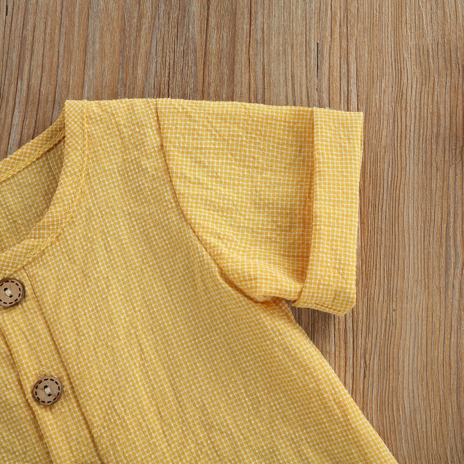 Baby Boys Girls Jumpsuit Infant Summer Yellow Round Collar Short Sleeve Pocket Decoration Chest Button Casual Romper
