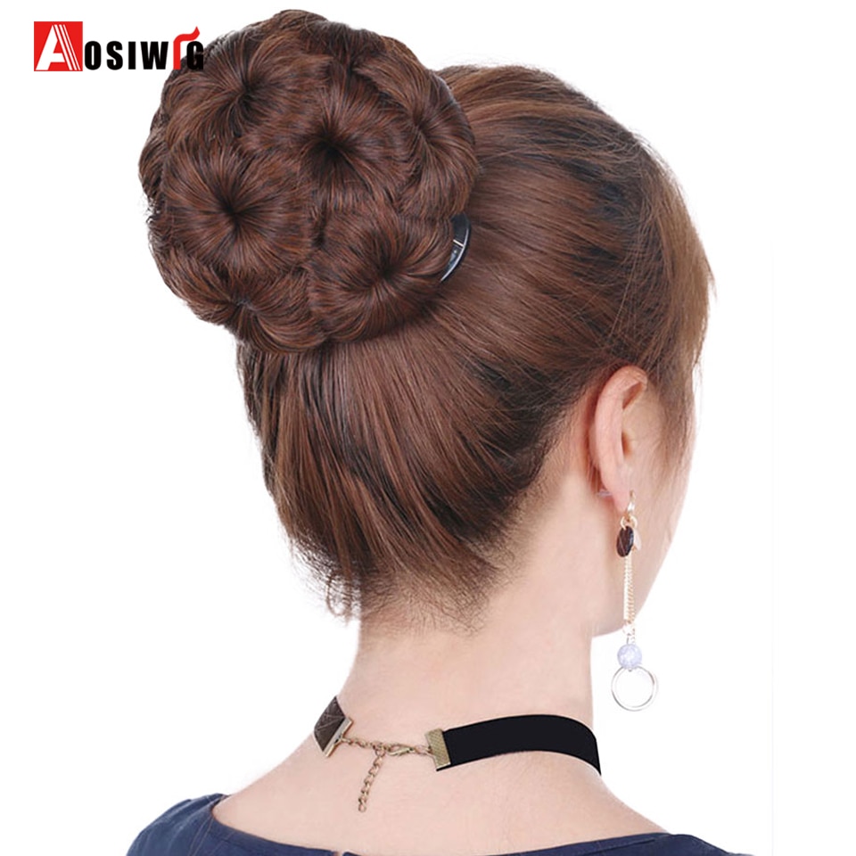 Women Chignon Hair Bun Donut Clip In Hairpiece Extensions 9 Flowers Roller Synthetic High Temperature Fiber Chignon AOSIWIG