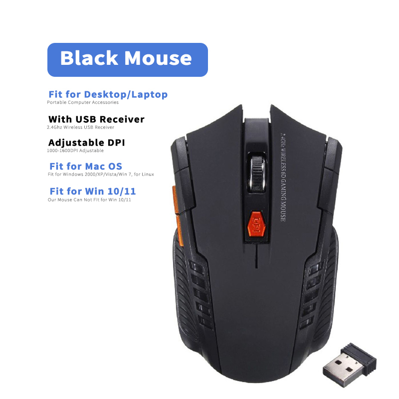 Bezprzewodowa mysz 2,4 GHz Myszy optyczne z odbiornikiem USB Gamer 1600 DPI 6 przycisków Mysz do komputera Akcesoria do laptopów Mysz dla graczy: Black