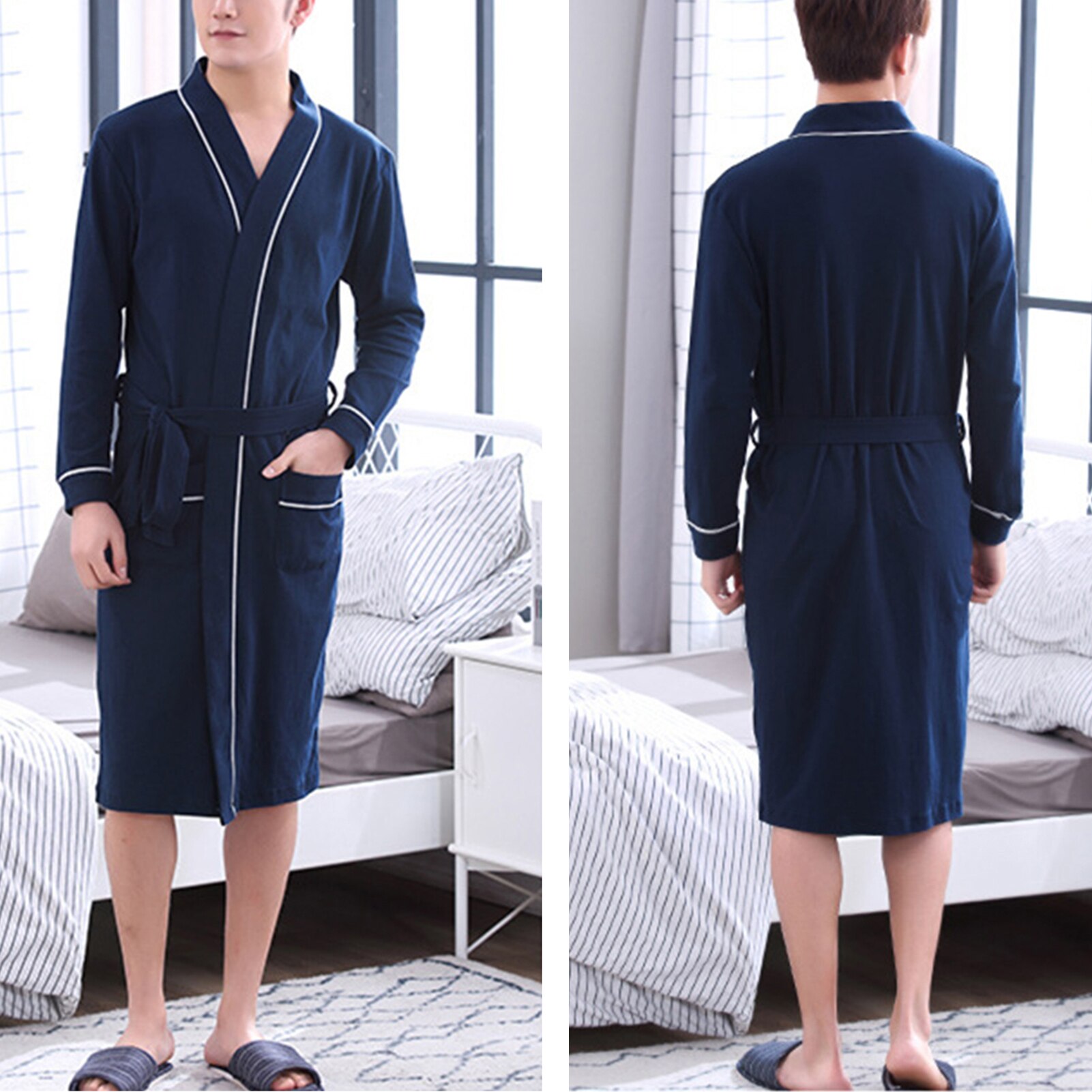 Men Robes Sleepwear Casual Soft Color Block Pockets Warm Soft Long Sleeve Bath Robe Home Gown Sleepwear Home Pyjamas Plus Size