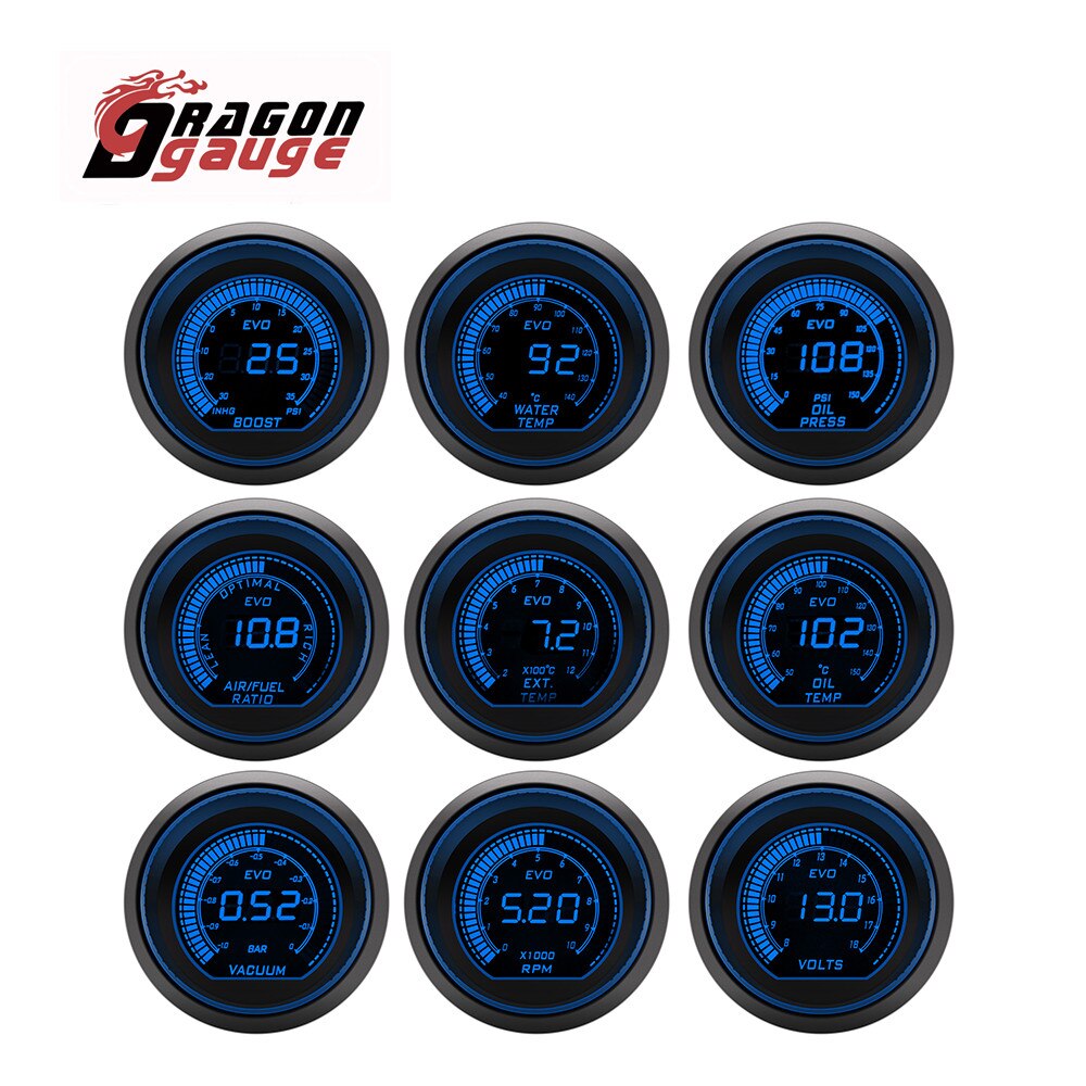 DRAGON GAUGE 52mm Tachometer Voltage Water Temp Oil Temp Oil Press Boost Vacuum Air Fuel Ratio Exhaust Temp LED Digital Display