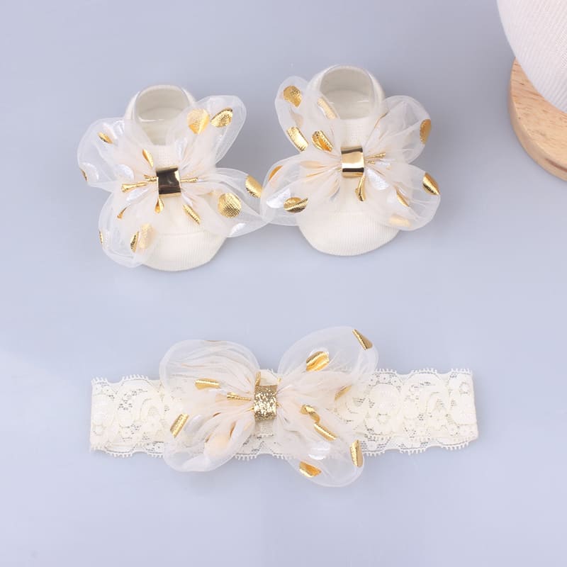 Søte blondere blomst baby pannebånd sokker sett nyfødt baby jente hårbånd turban buer perle jenter hårbånd baby hår tilbehør: beige 03