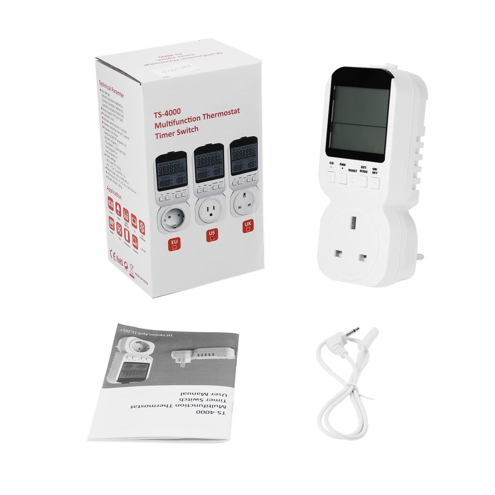 Multi-function LCD Display Thermostat Timer Switch Socket with Sensor Probe Digital Clock Adjustable 12/24 Hour Energy-saving