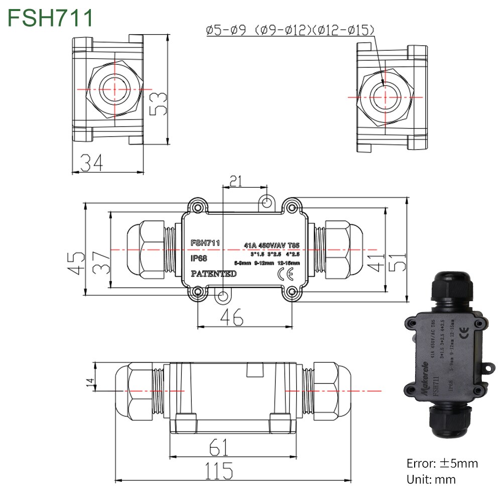 Makerele Waterproof Junction Box IP68 2 Way 450V 41A Plug Line M20 Coaxial Underground Electrical Wire Range 5 to 15mm: FSH711