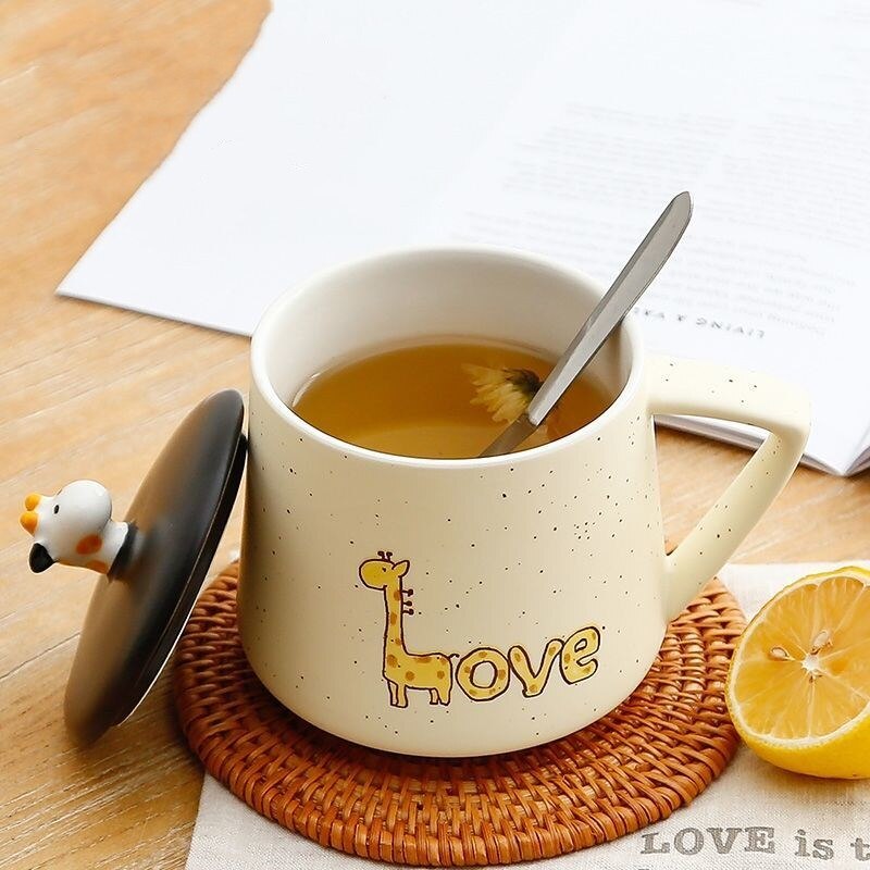 Giraffe Heat-resistant Mug Cartoon with Lid 400ml Cup Kitten Coffee Cup Travel Mug Ceramic Mugs Office Drinkware