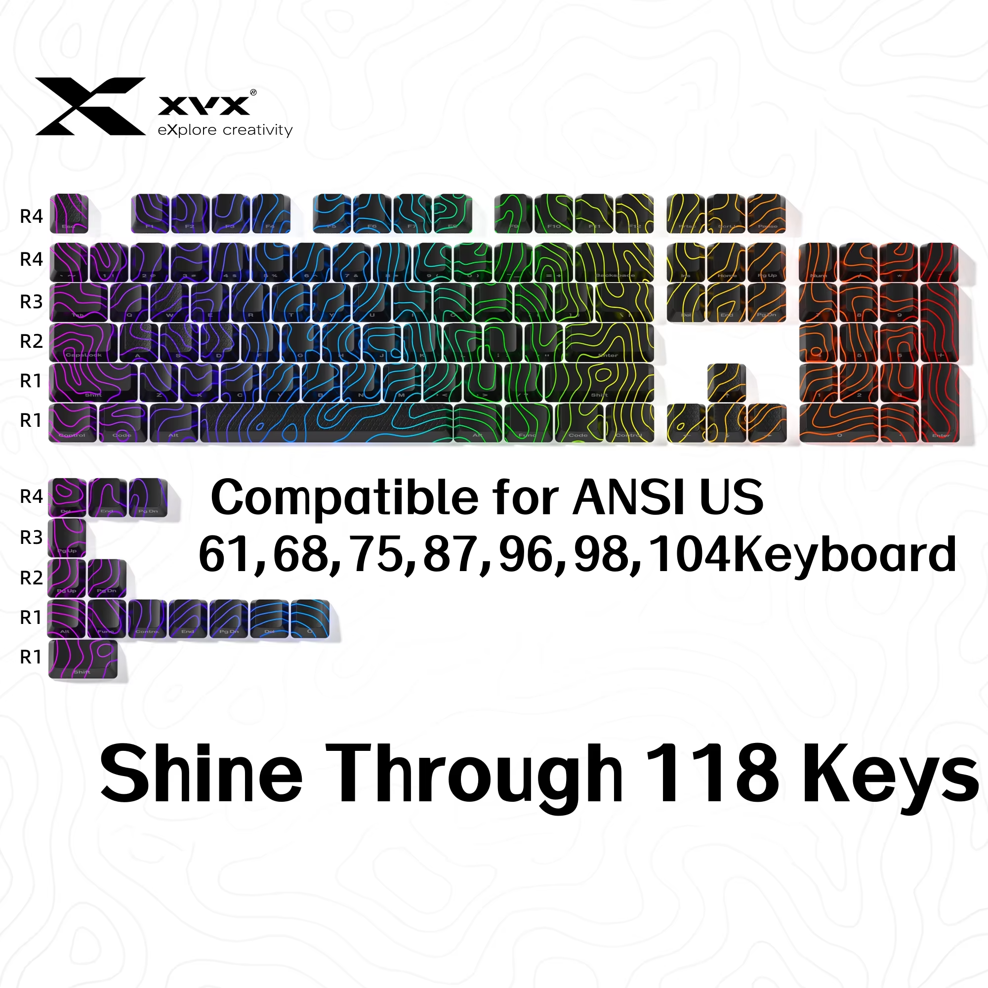 XVX Topographic Version Pattern Shine-Through OEM Profile IMD-Tech Keycap Set 118 keys: Gold