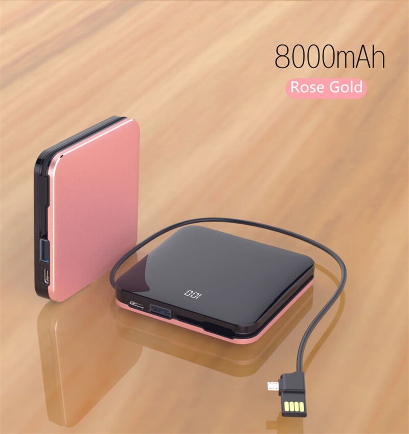 8000mAh Mini Power Bank 2.0A Quick Charge Power bank Dual-USB Portable Mirror Aluminium Fast Charging Mini External Battery: Rose Gold D72