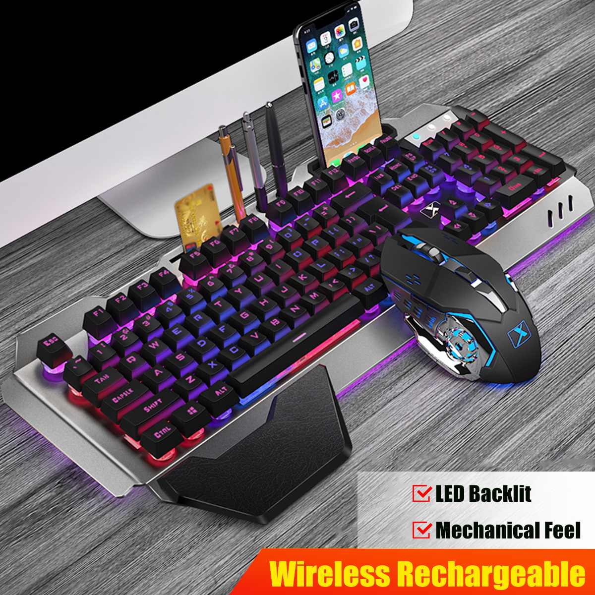 Multi-function Wireless Rechargeable Keyboard Mouse Gaming Mouse Keyboard Combo USB Waterproof Backlight LED Set For PC Game