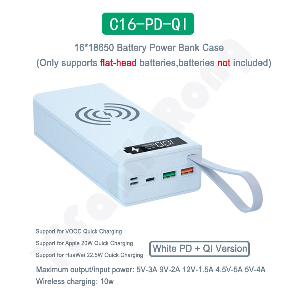 16*18650 Battery Charger Box Shell Diy Power Bank Case Dual Usb Quick Draadloos Opladen Voor Powerbank Case Zonder batterij: Quick Wireless White