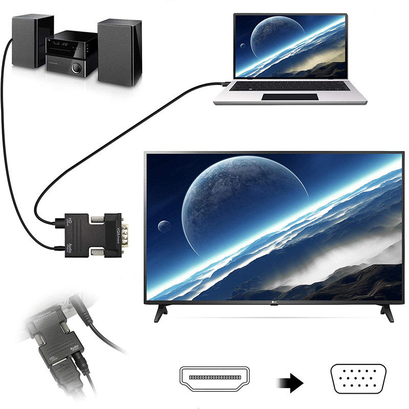 HDMI-compatibel met VGA-adapter met 3.5mm audiokabel voor pc laptop tv-monitor projector 1080p hd vrouw naar vga mannelijke converter